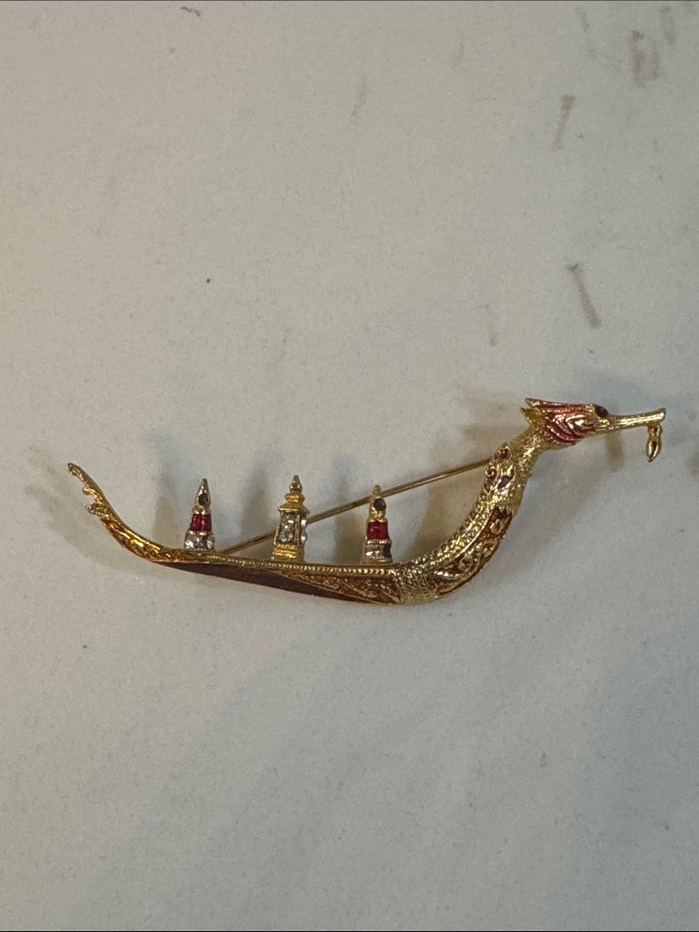 Thailand Ceremonial Dragon Boat Red Enamel Rhinestone Brooch Gold Tone